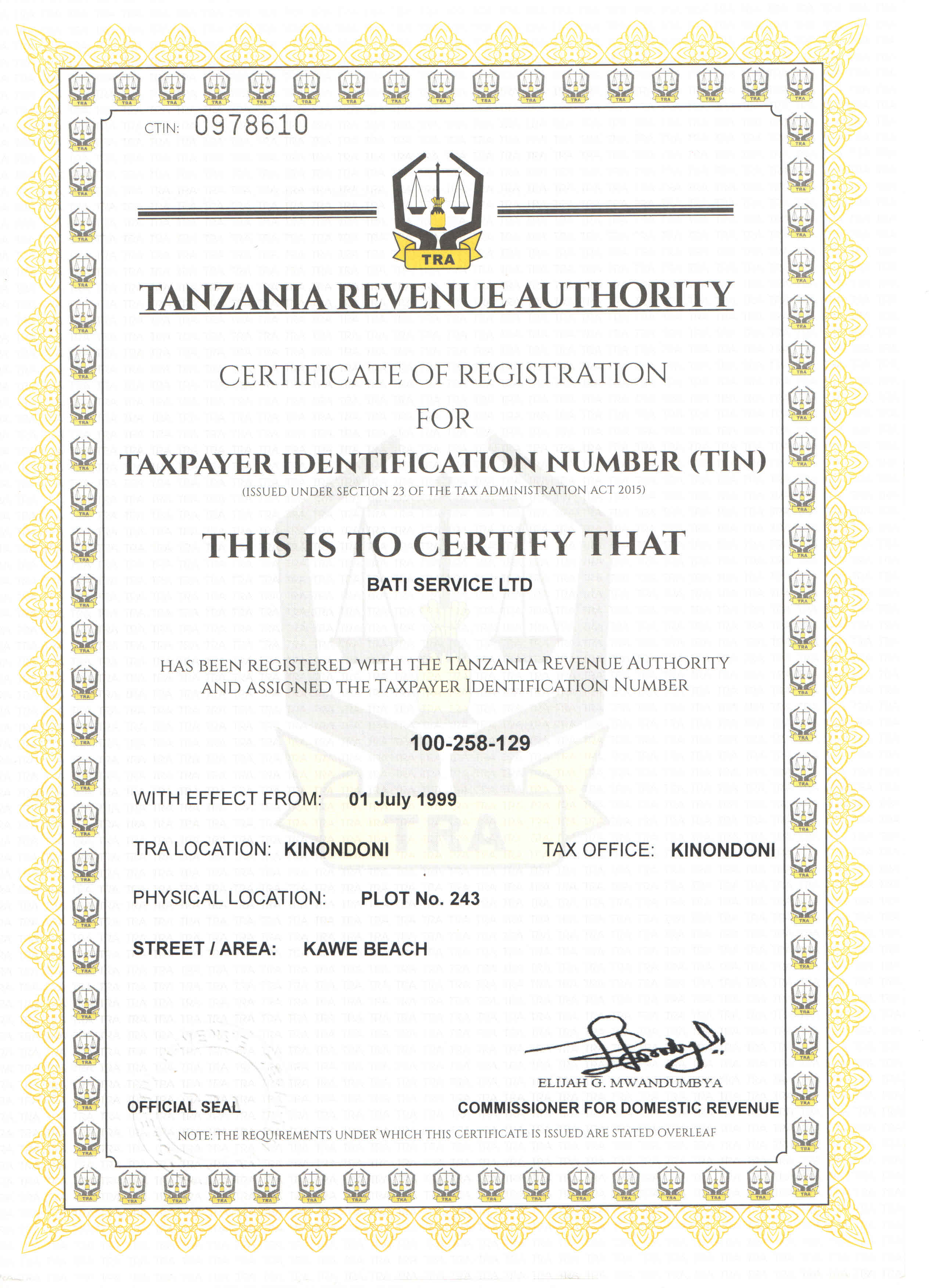 Certificate of Registration for TIN