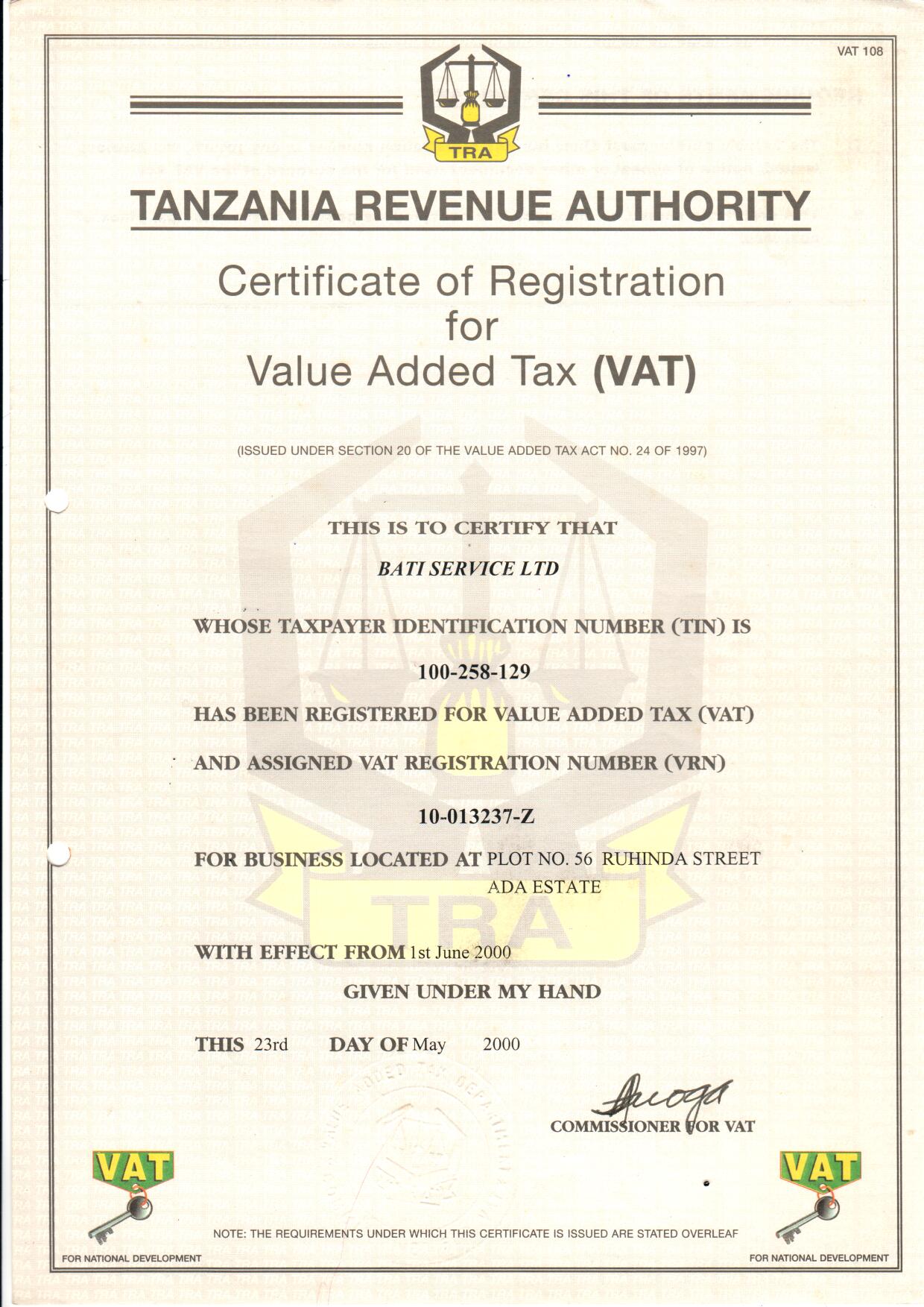 Certificate of Registration for VAT