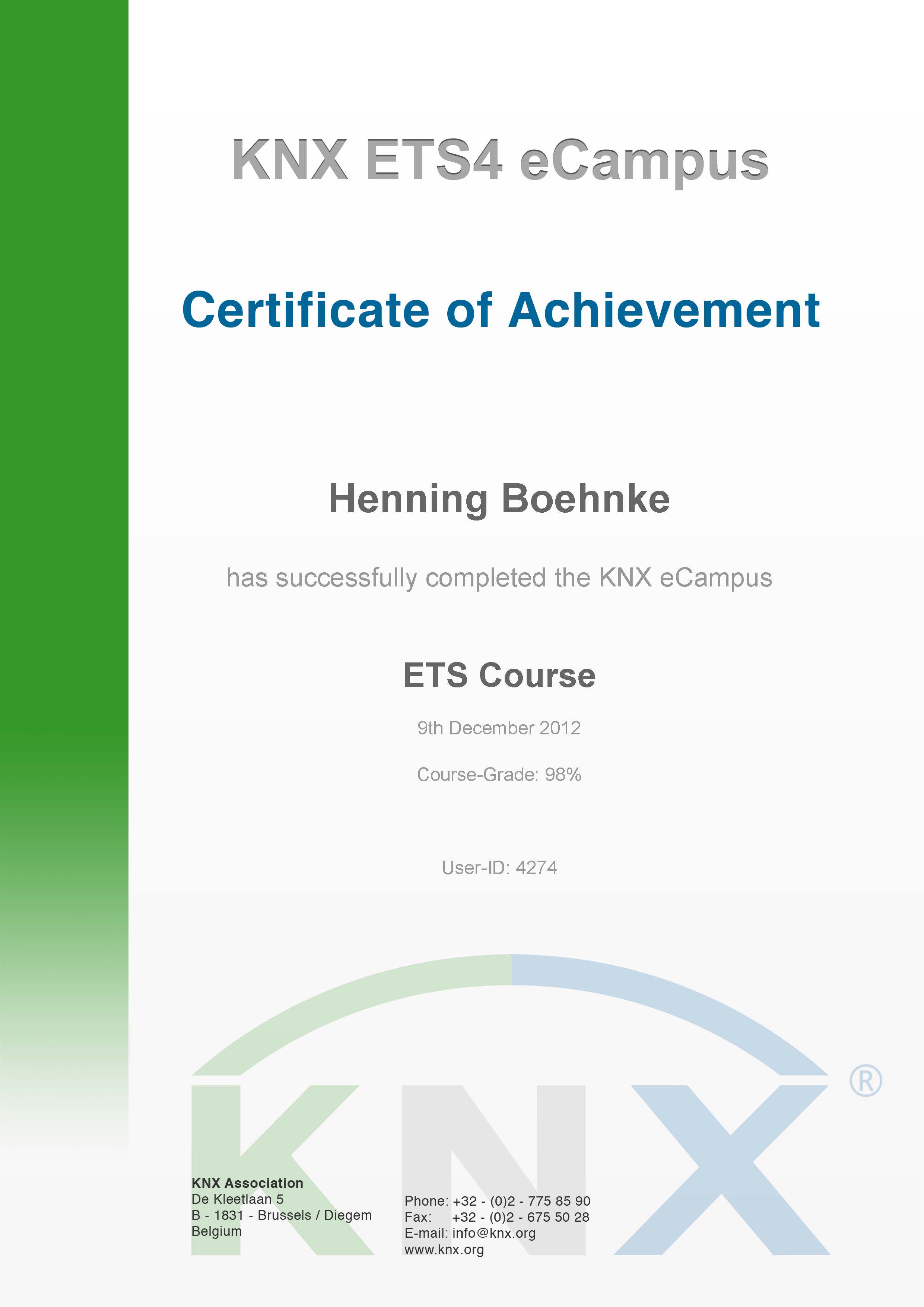 KNX ETS4 Certificate of Archievement