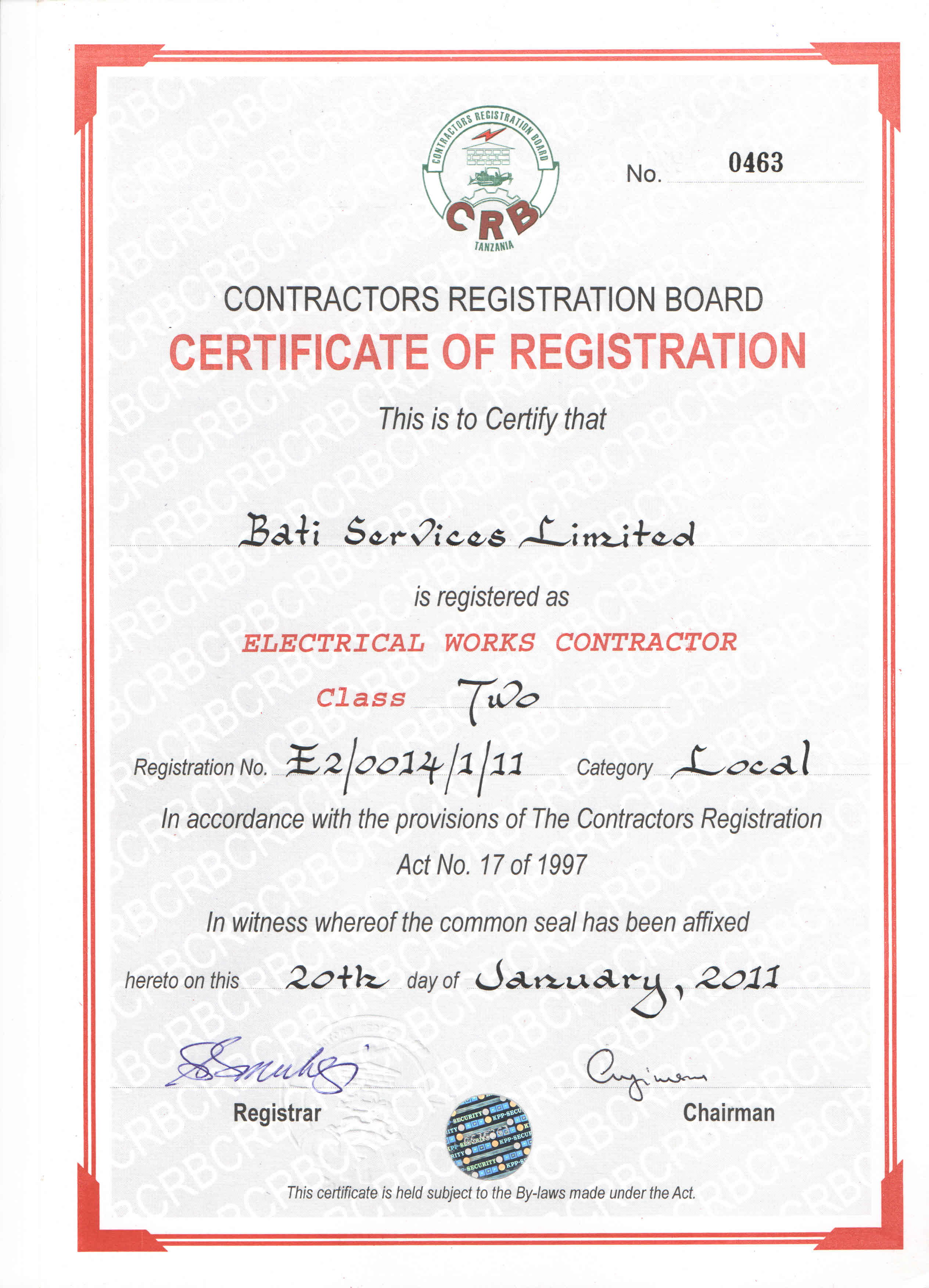Registration as Electrical Contractor Class 2